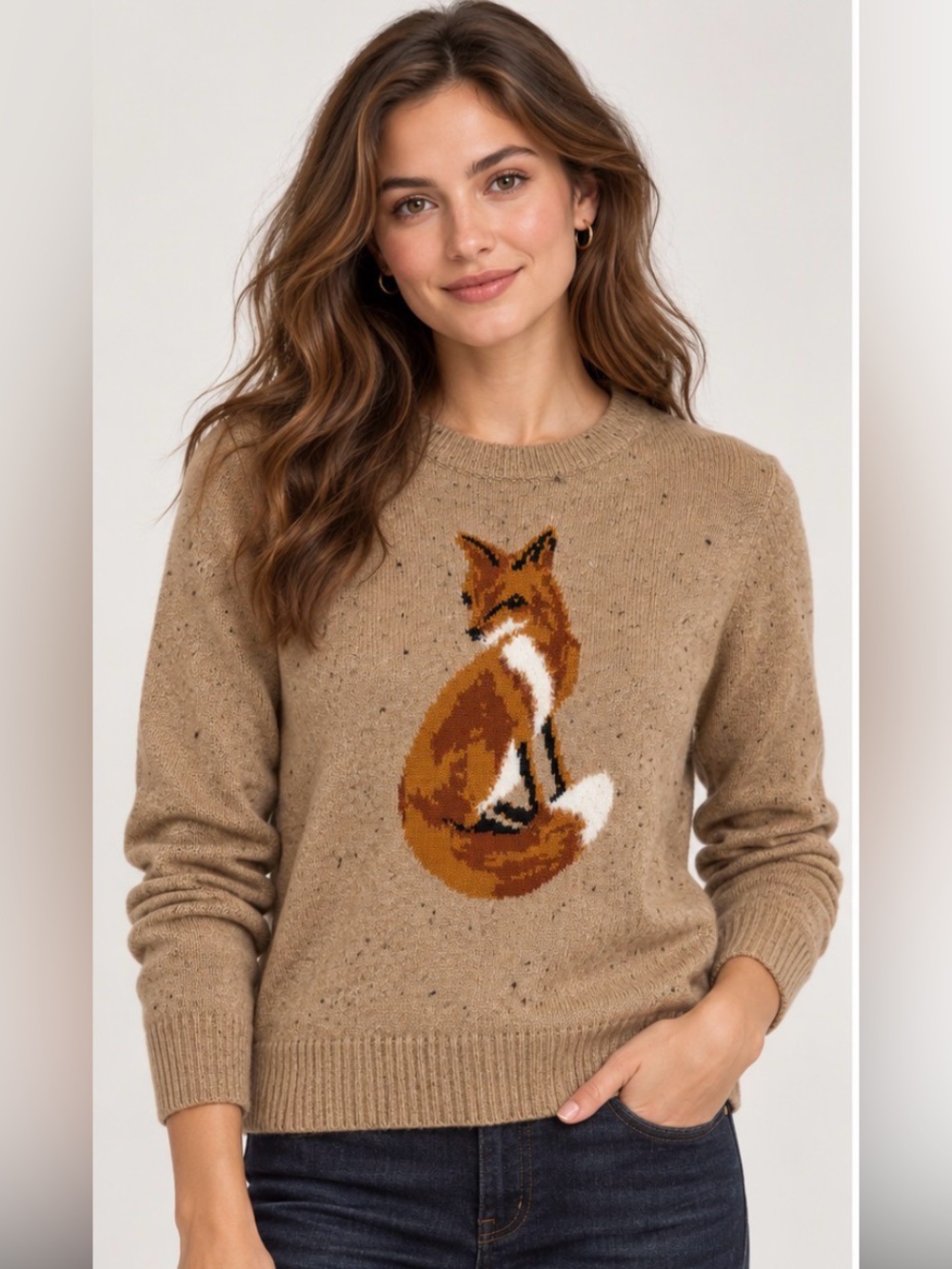 Charter Club Fox Sweater PS Tan Speckled Knit Preppy Heritage Countryside